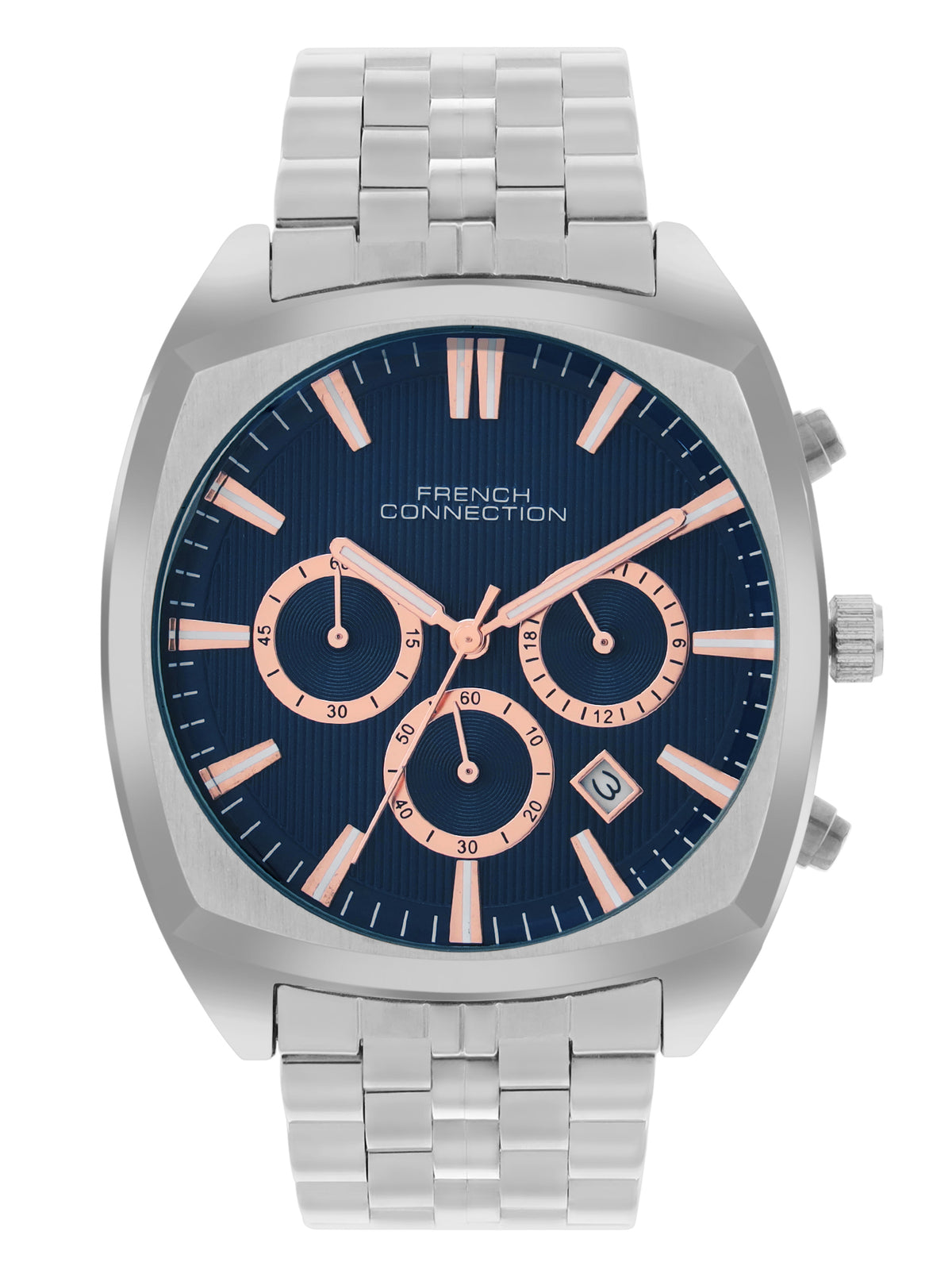 French Connection Textured Blue Round Dial With Stainless Steel Strap Chronograph Watch - For Mens FCN0122USM