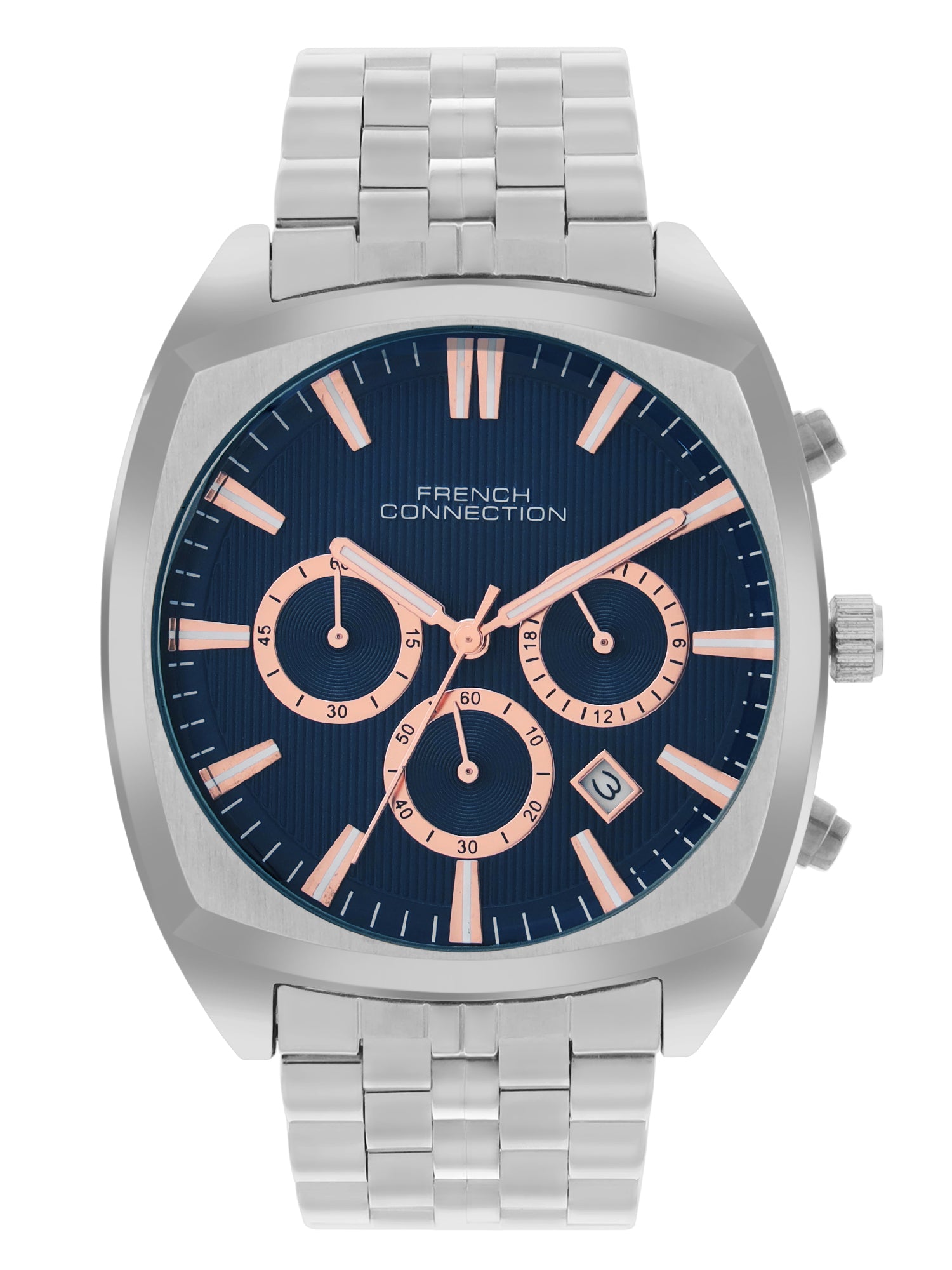 French Connection Textured Blue Round Dial With Stainless Steel Strap Chronograph Watch - For Mens FCN0122USM