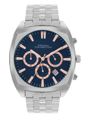 French Connection Textured Blue Round Dial With Stainless Steel Strap Chronograph Watch - For Mens FCN0122USM