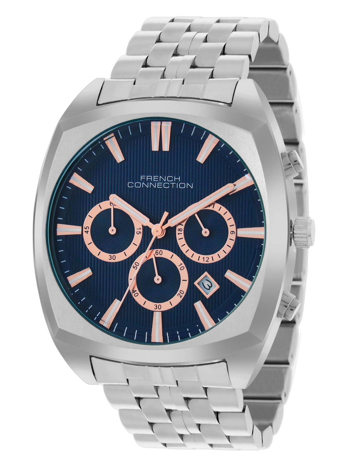 French Connection Textured Blue Round Dial With Stainless Steel Strap Chronograph Watch - For Mens FCN0122USM