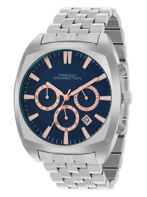 French Connection Textured Blue Round Dial With Stainless Steel Strap Chronograph Watch - For Mens FCN0122USM