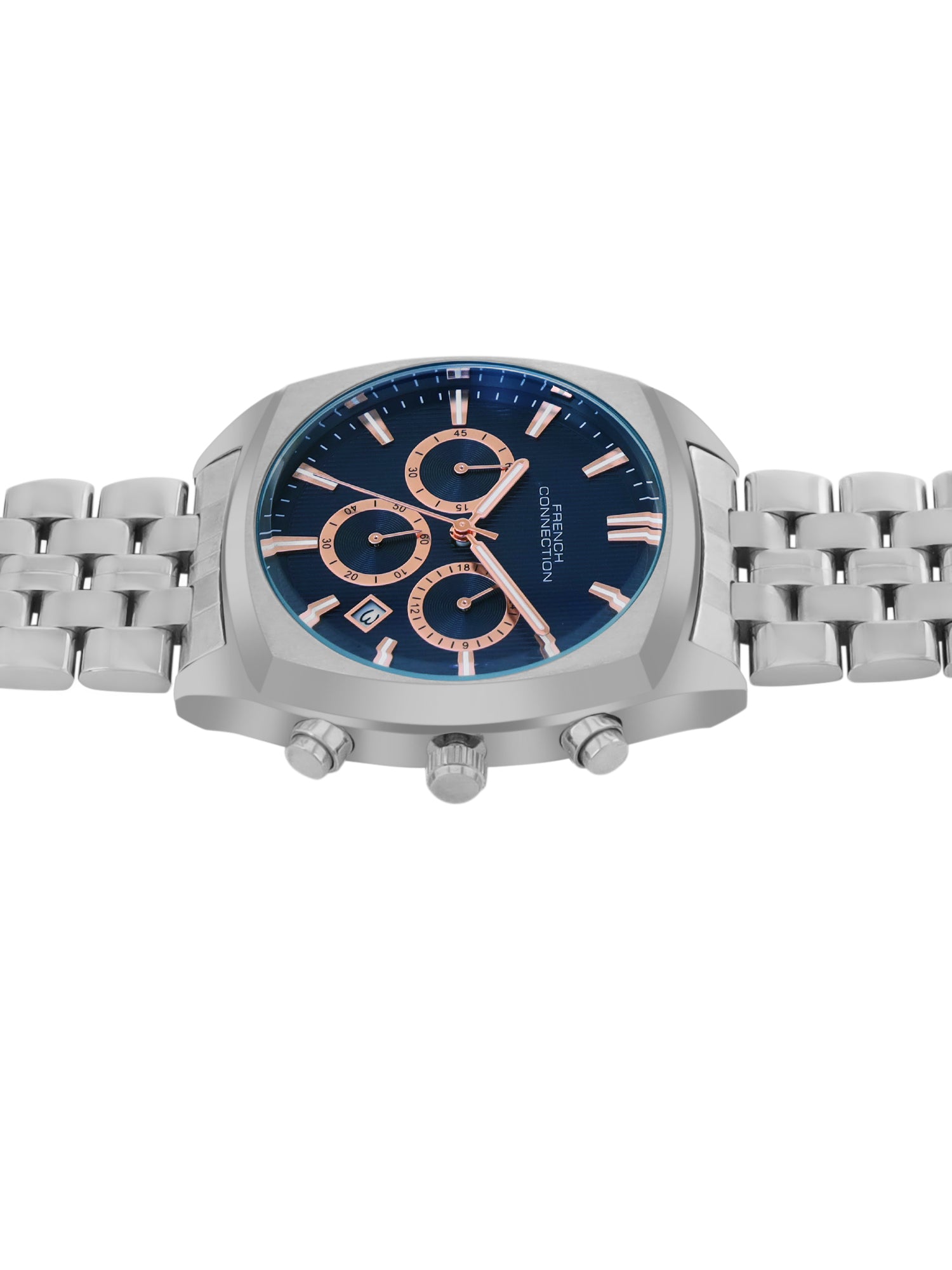 French Connection Textured Blue Round Dial With Stainless Steel Strap Chronograph Watch - For Mens FCN0122USM