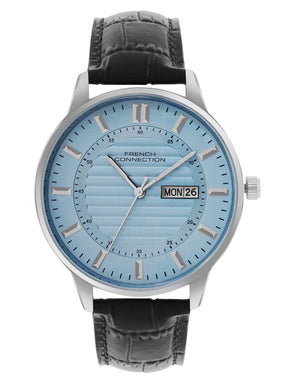 French Connection Textured Sky Blue Round Dial With Black Leather Strap Watch - For Mens FCN0123BL