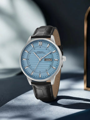 French Connection Textured Sky Blue Round Dial With Black Leather Strap Watch - For Mens FCN0123BL