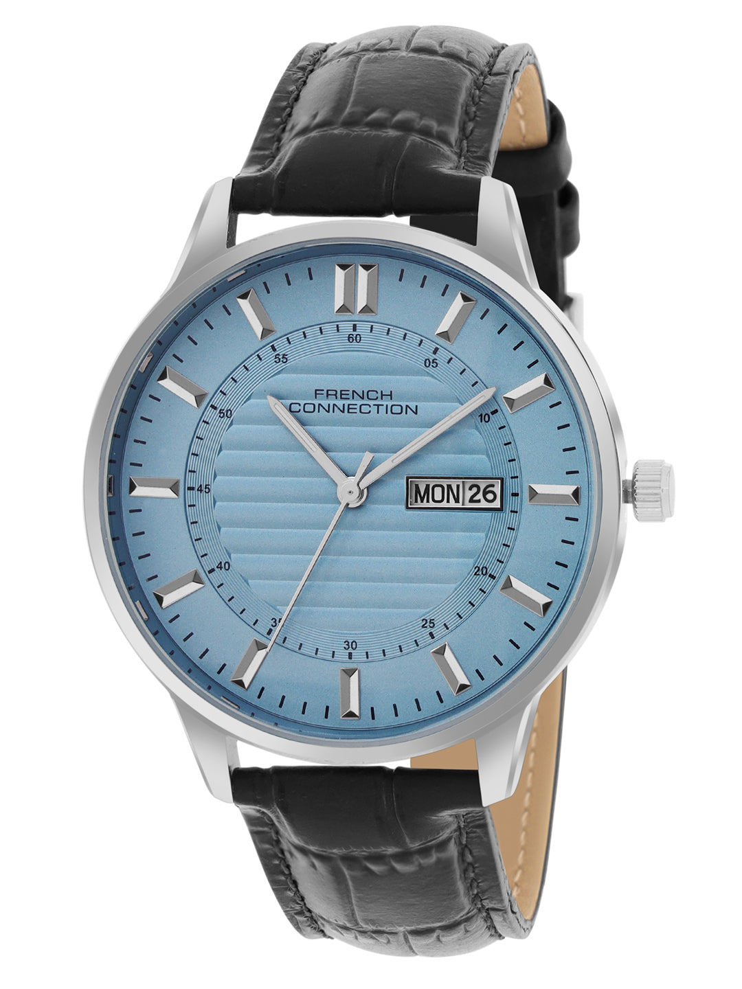 French Connection Textured Sky Blue Round Dial With Black Leather Strap Watch - For Mens FCN0123BL