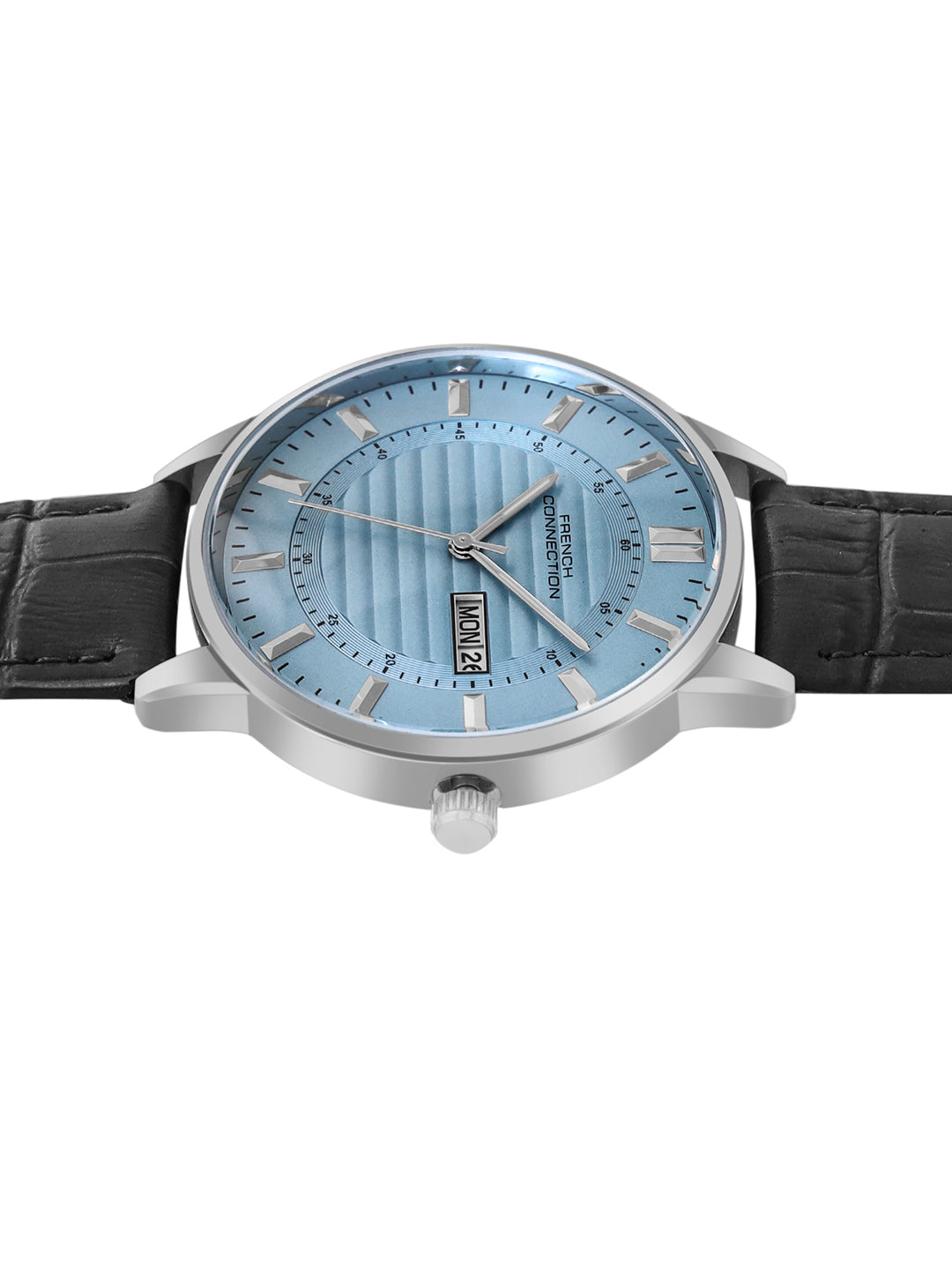 French Connection Textured Sky Blue Round Dial With Black Leather Strap Watch - For Mens FCN0123BL