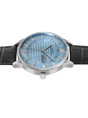 French Connection Textured Sky Blue Round Dial With Black Leather Strap Watch - For Mens FCN0123BL