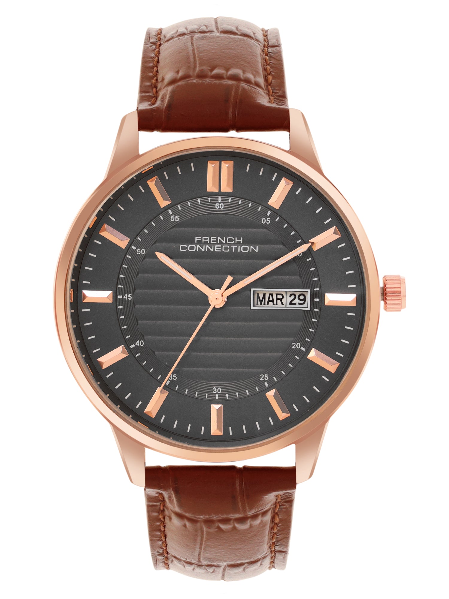 French Connection Textured Grey Round Dial With Black Leather Strap Watch - For Mens FCN0123BRL