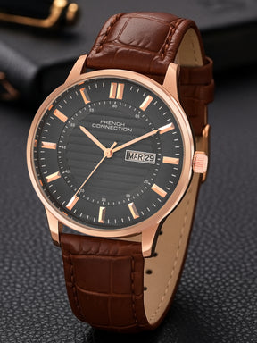 French Connection Textured Grey Round Dial With Black Leather Strap Watch - For Mens FCN0123BRL