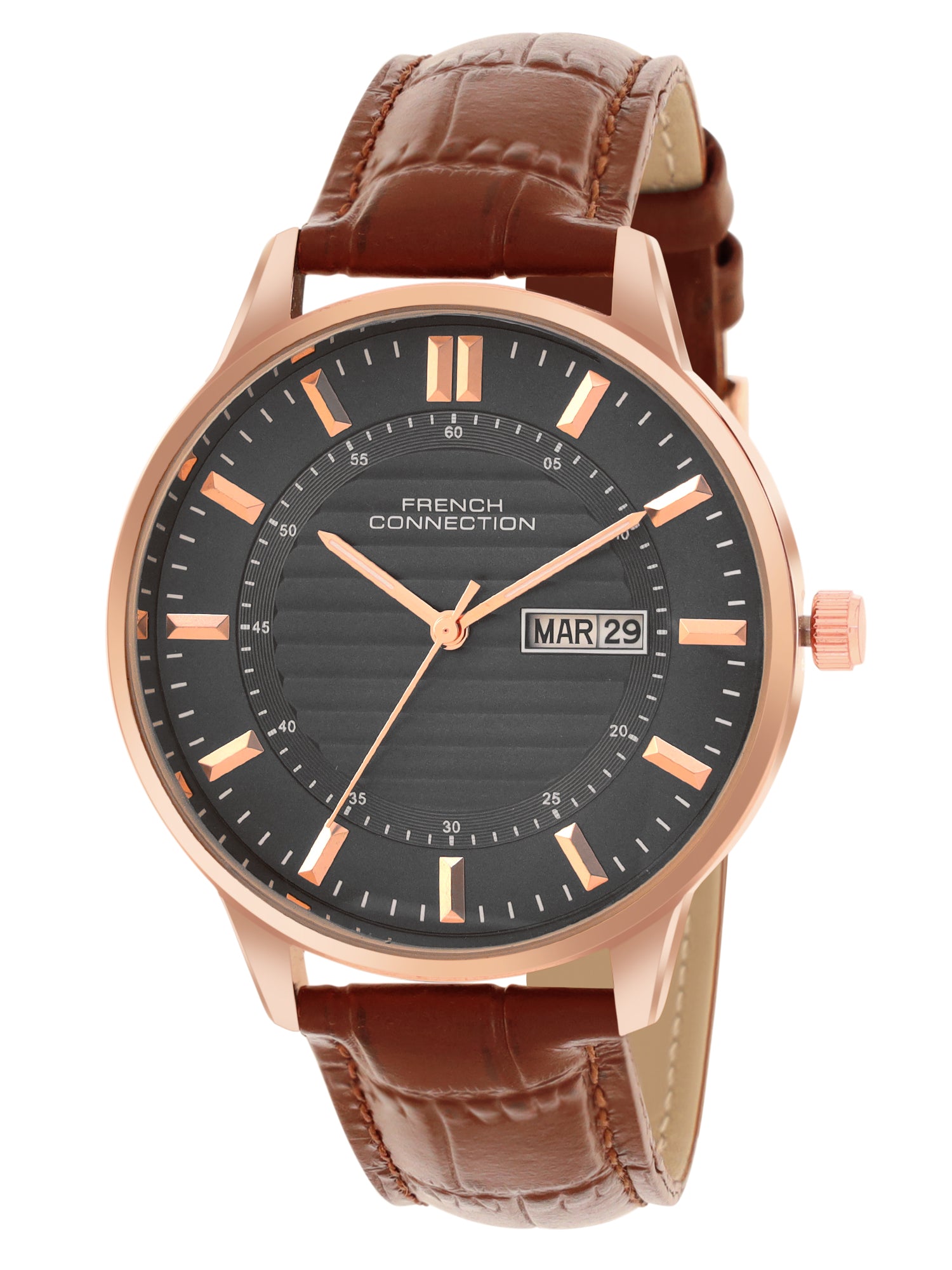 French Connection Textured Grey Round Dial With Black Leather Strap Watch - For Mens FCN0123BRL