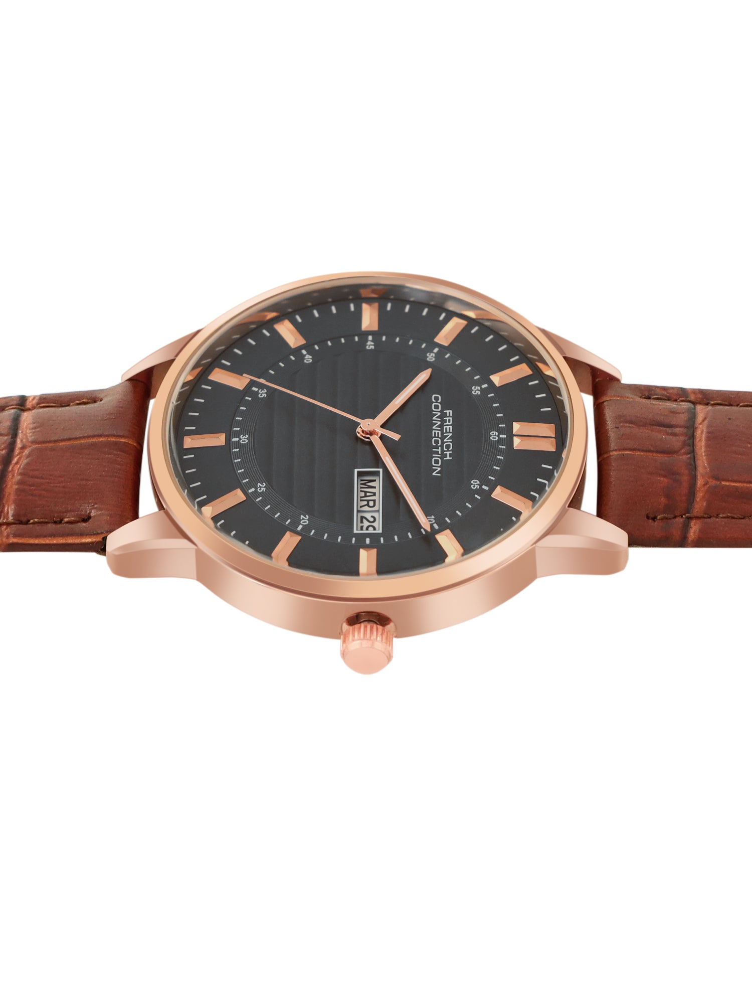 French Connection Textured Grey Round Dial With Black Leather Strap Watch - For Mens FCN0123BRL