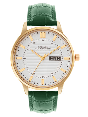 French Connection Textured Silver Round Dial With Green Leather Strap Watch - For Mens FCN0123NL