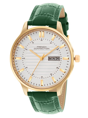 French Connection Textured Silver Round Dial With Green Leather Strap Watch - For Mens FCN0123NL