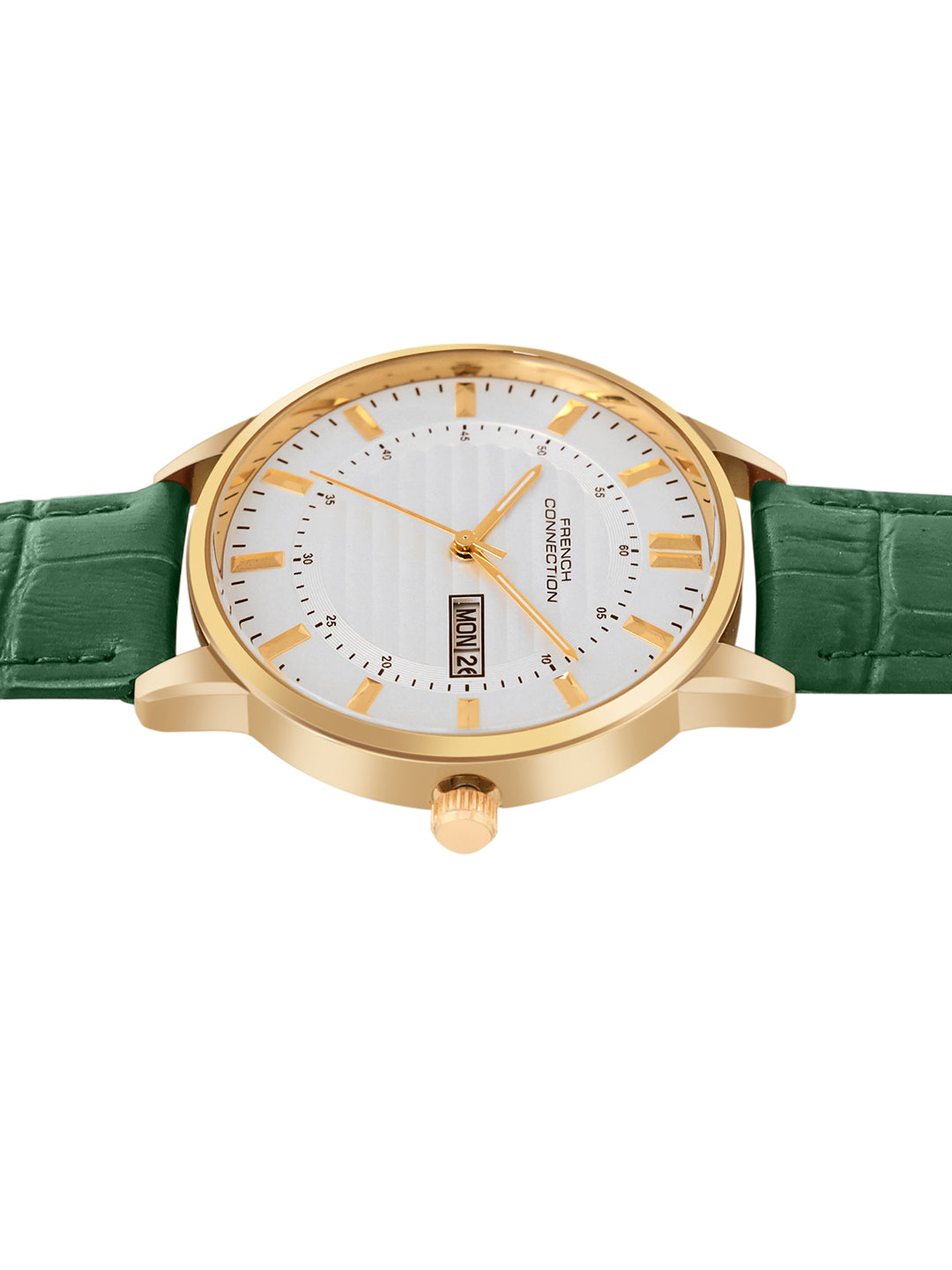 French Connection Textured Silver Round Dial With Green Leather Strap Watch - For Mens FCN0123NL