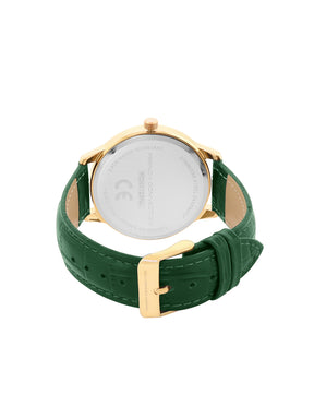 French Connection Textured Silver Round Dial With Green Leather Strap Watch - For Mens FCN0123NL