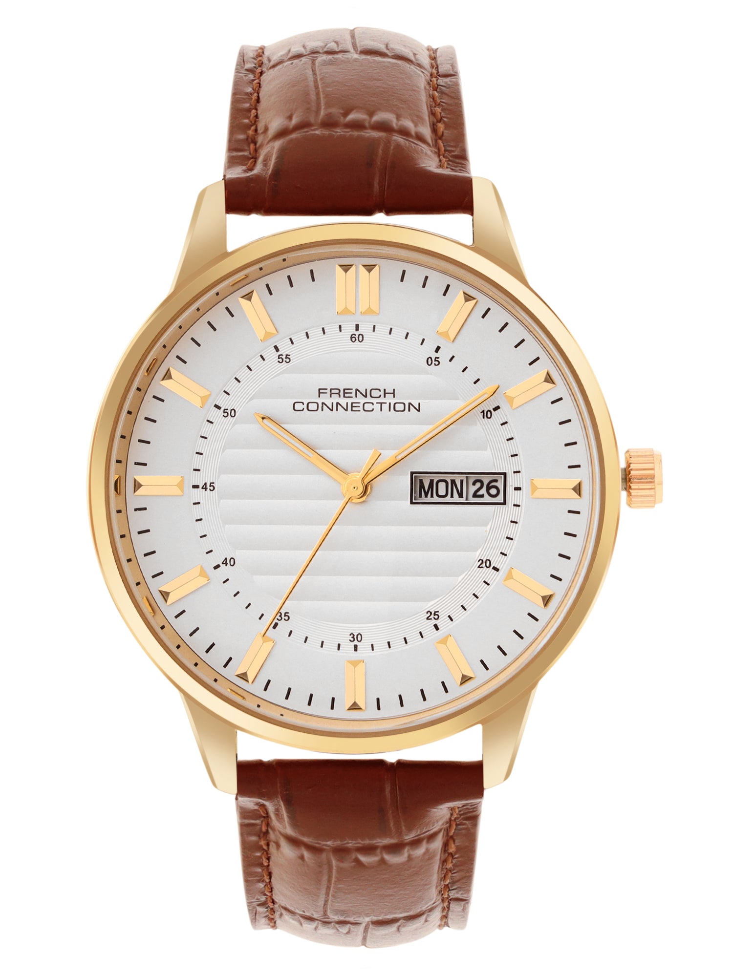French Connection Textured Silver Round Dial With Brown Leather Strap Watch - For Mens FCN0123SBRL