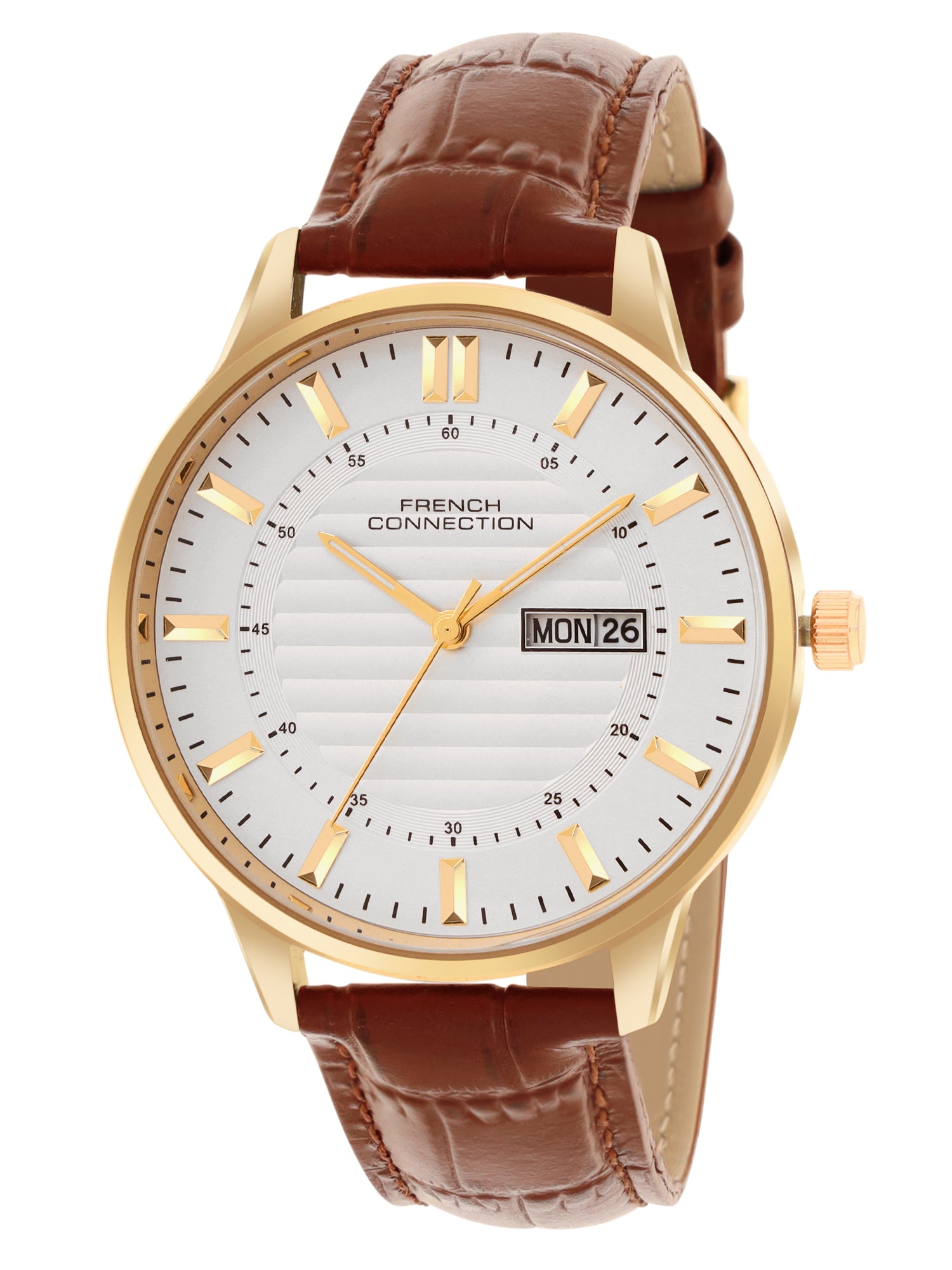 French Connection Textured Silver Round Dial With Brown Leather Strap Watch - For Mens FCN0123SBRL