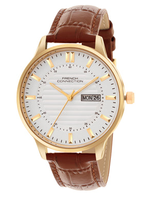 French Connection Textured Silver Round Dial With Brown Leather Strap Watch - For Mens FCN0123SBRL