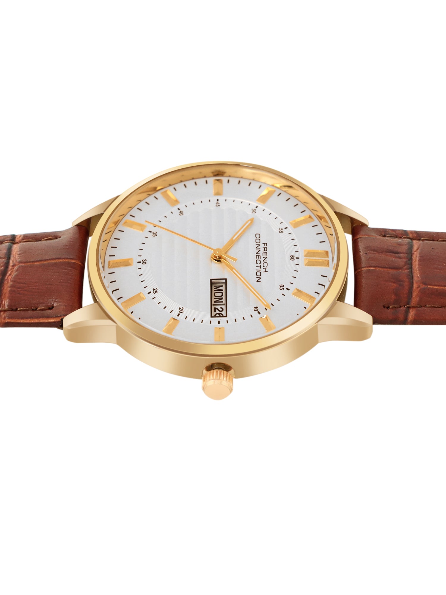 French Connection Textured Silver Round Dial With Brown Leather Strap Watch - For Mens FCN0123SBRL