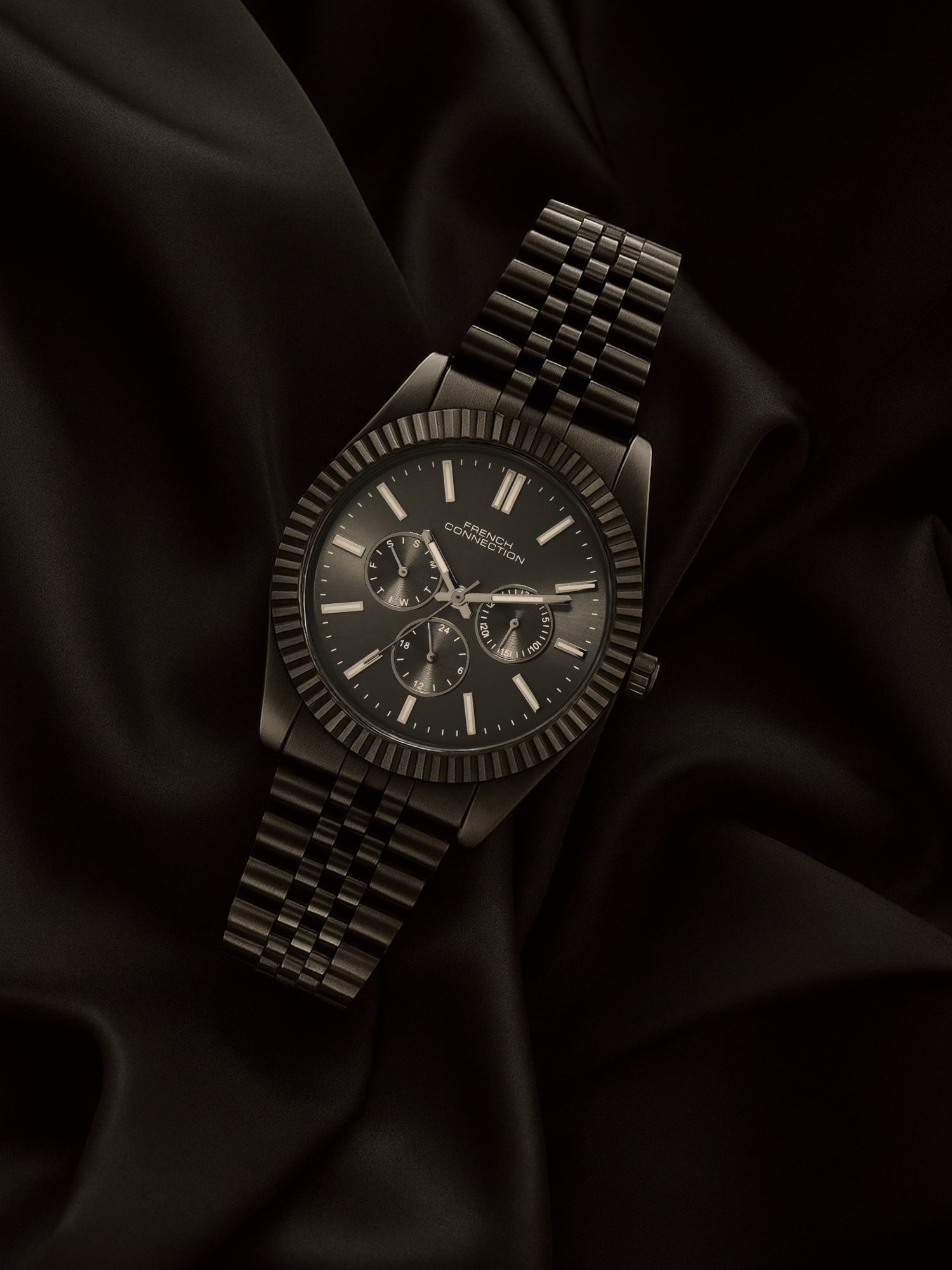 French Connection Sunray Black Round Dial With Black Stainless Steel Strap Multifunction Watch - For Mens FCN0124BM