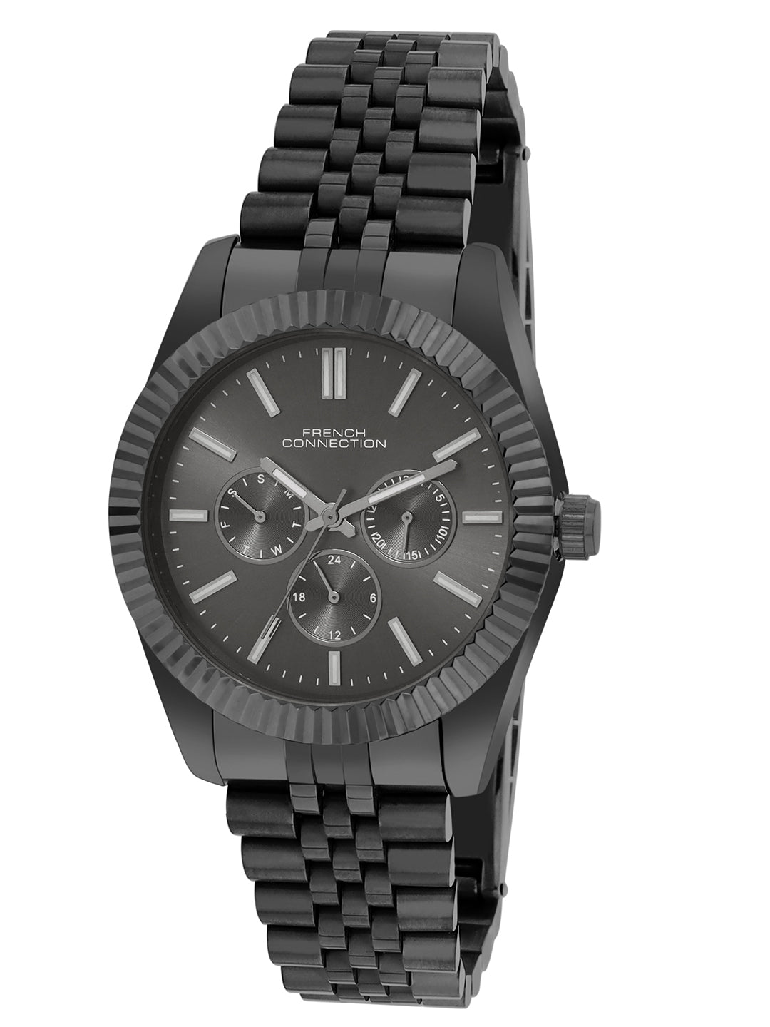 French Connection Sunray Black Round Dial With Black Stainless Steel Strap Multifunction Watch - For Mens FCN0124BM