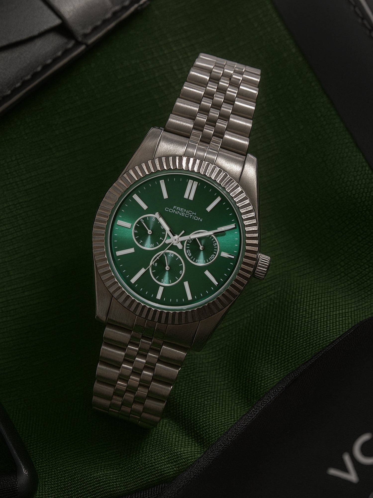 French Connection Sunray Green Round Dial With Stainless Steel Strap Multifunction Watch - For Mens FCN0124NSM