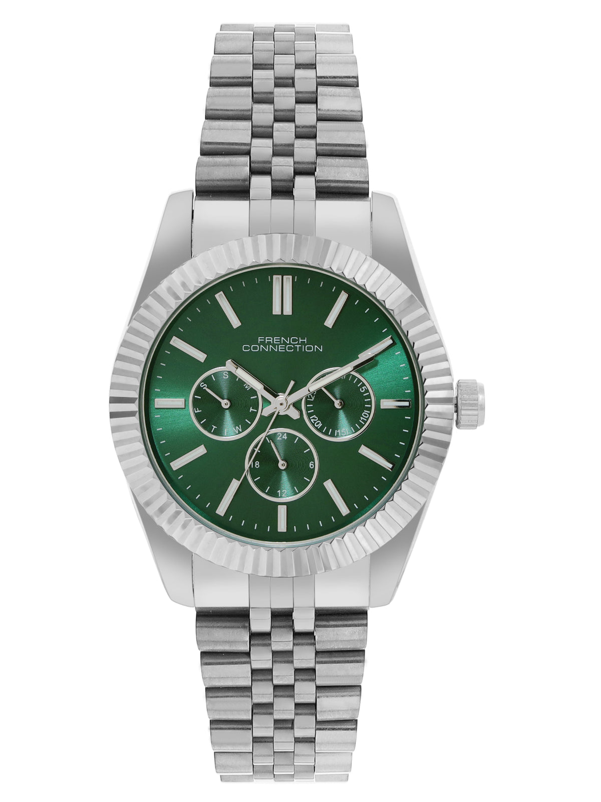 French Connection Sunray Green Round Dial With Stainless Steel Strap Multifunction Watch - For Mens FCN0124NSM