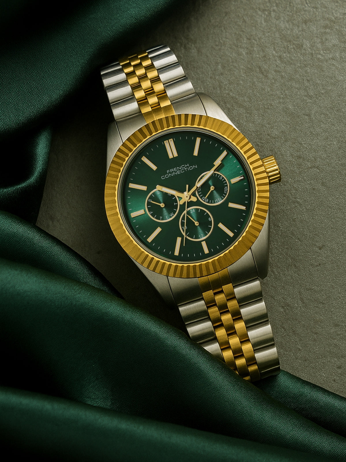 French Connection Sunray Green Round Dial With Gold Two Tone Stainless Steel Strap Multifunction Watch - For Mens FCN0124NTM