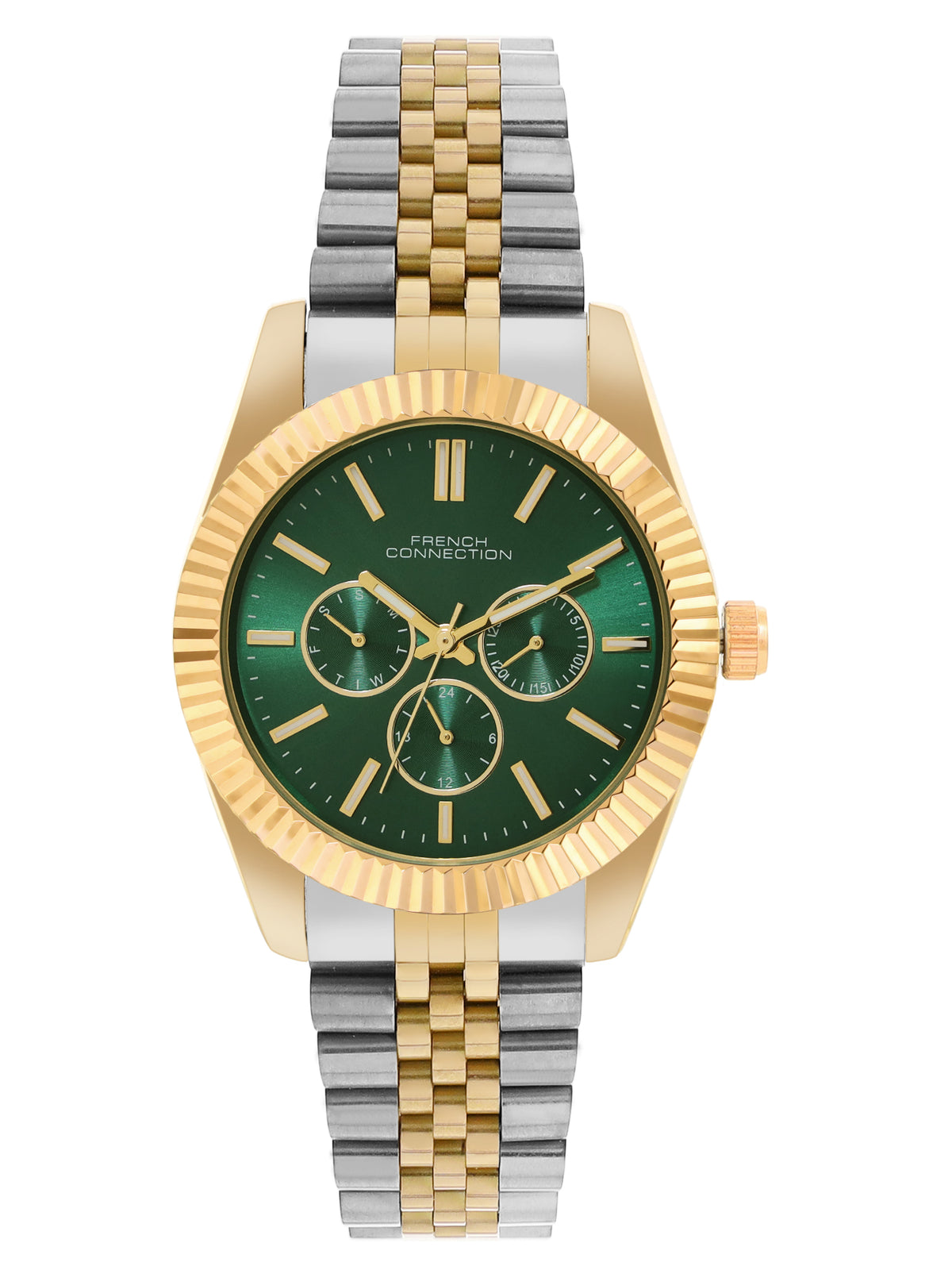 French Connection Sunray Green Round Dial With Gold Two Tone Stainless Steel Strap Multifunction Watch - For Mens FCN0124NTM