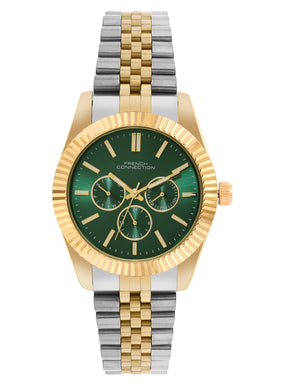 French Connection Sunray Green Round Dial With Gold Two Tone Stainless Steel Strap Multifunction Watch - For Mens FCN0124NTM