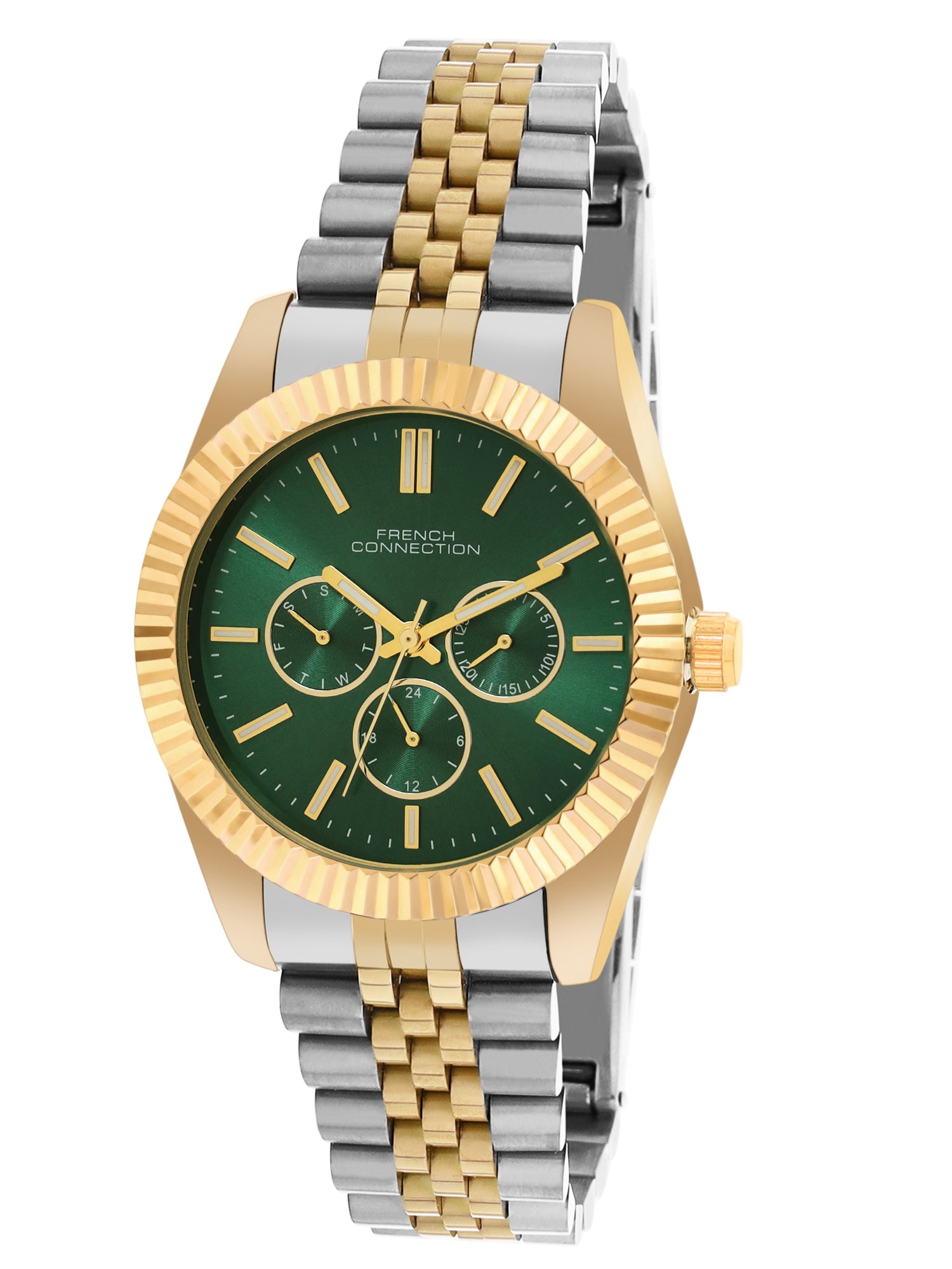 French Connection Sunray Green Round Dial With Gold Two Tone Stainless Steel Strap Multifunction Watch - For Mens FCN0124NTM