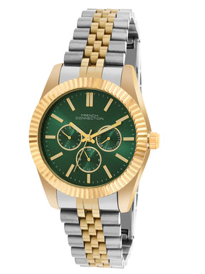 French Connection Sunray Green Round Dial With Gold Two Tone Stainless Steel Strap Multifunction Watch - For Mens FCN0124NTM