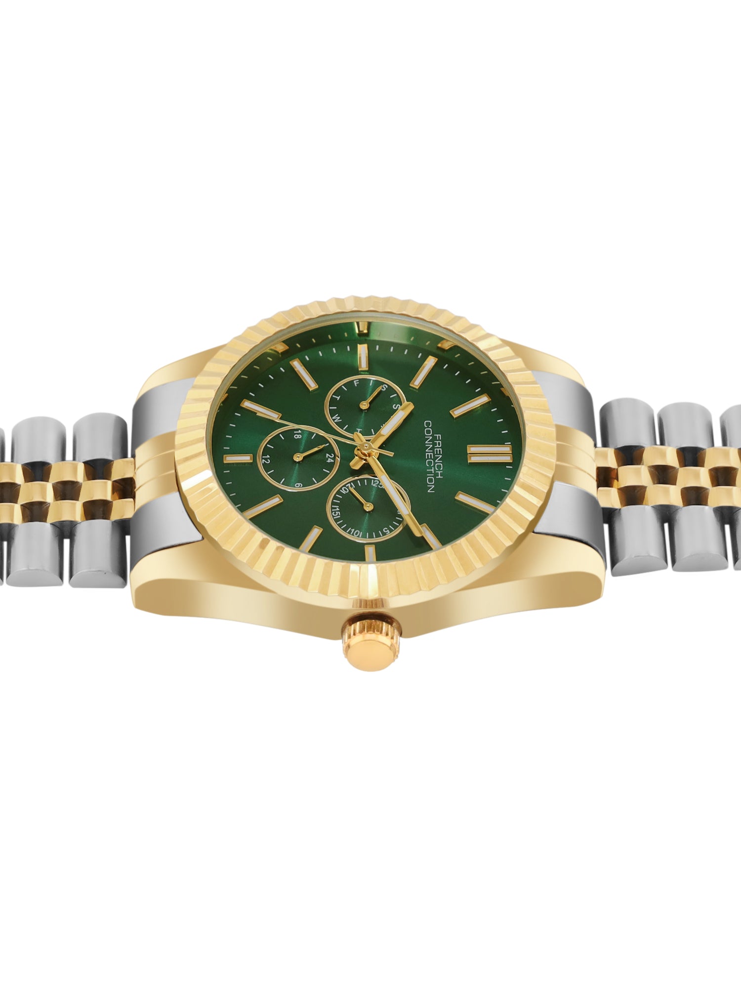 French Connection Sunray Green Round Dial With Gold Two Tone Stainless Steel Strap Multifunction Watch - For Mens FCN0124NTM