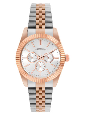 French Connection Sunray Silver Round Dial With Rose Two Tone Stainless Steel Strap Multifunction Watch - For Mens FCN0124RTM