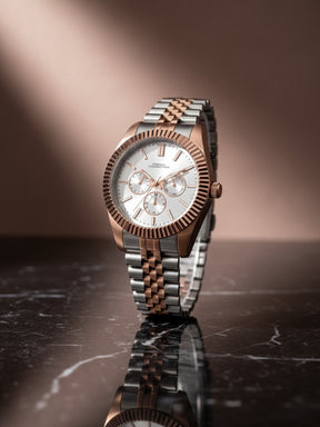 French Connection Sunray Silver Round Dial With Rose Two Tone Stainless Steel Strap Multifunction Watch - For Mens FCN0124RTM