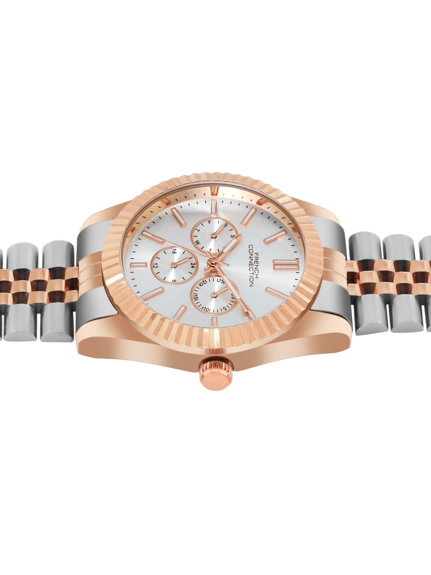 French Connection Sunray Silver Round Dial With Rose Two Tone Stainless Steel Strap Multifunction Watch - For Mens FCN0124RTM