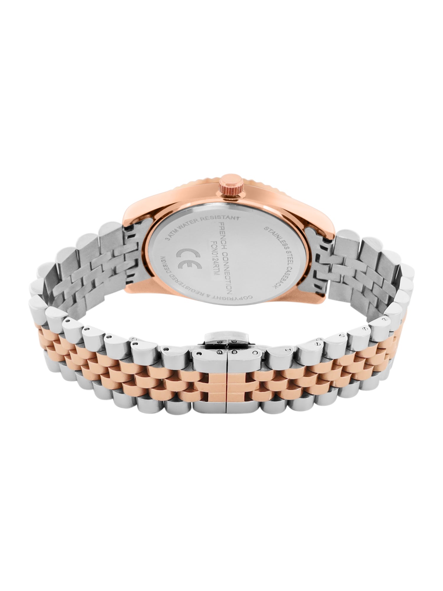 French Connection Sunray Silver Round Dial With Rose Two Tone Stainless Steel Strap Multifunction Watch - For Mens FCN0124RTM