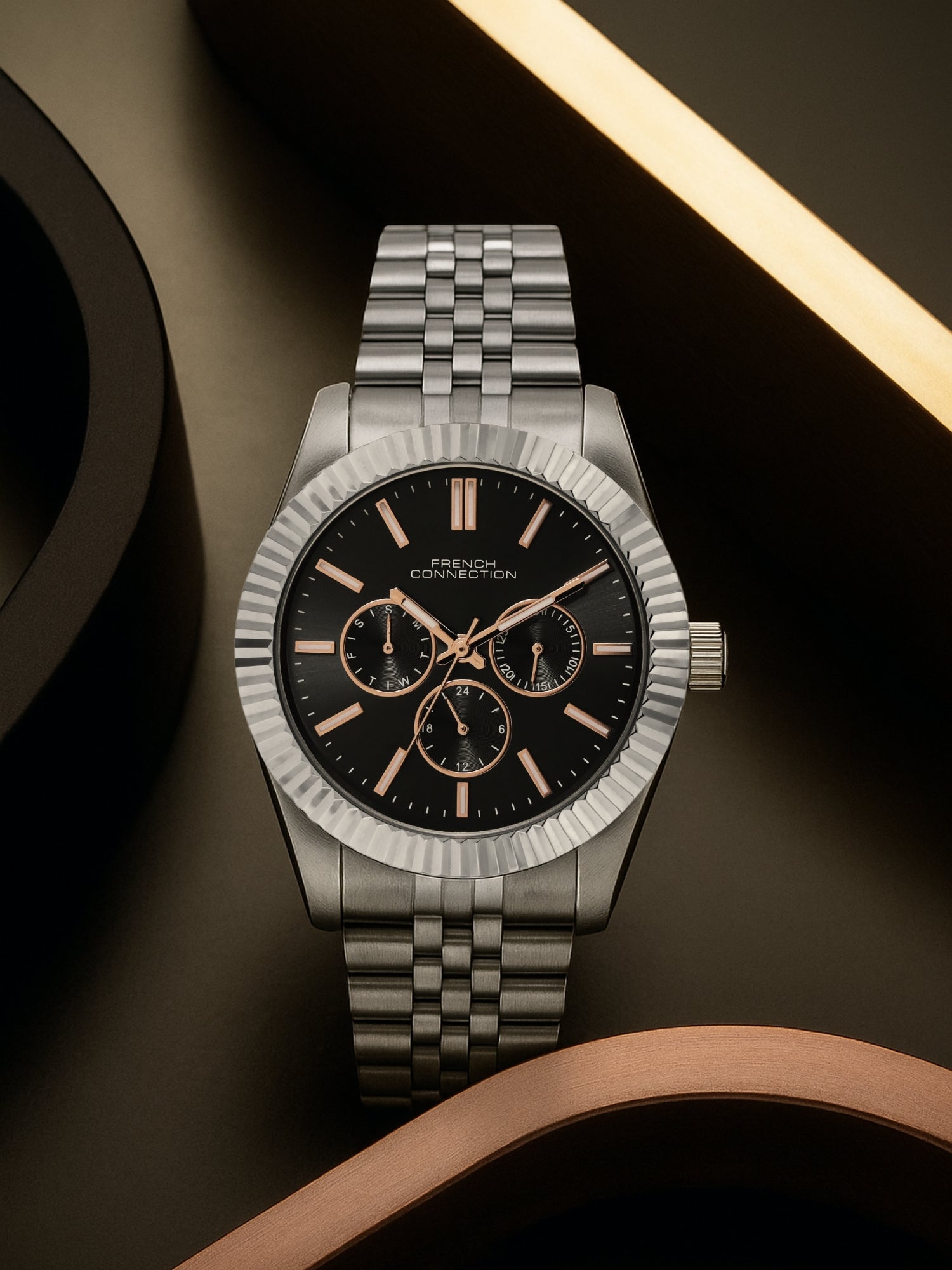 French Connection Sunray Grey Round Dial With Stainless Steel Strap Multifunction Watch - For Mens FCN0124SM