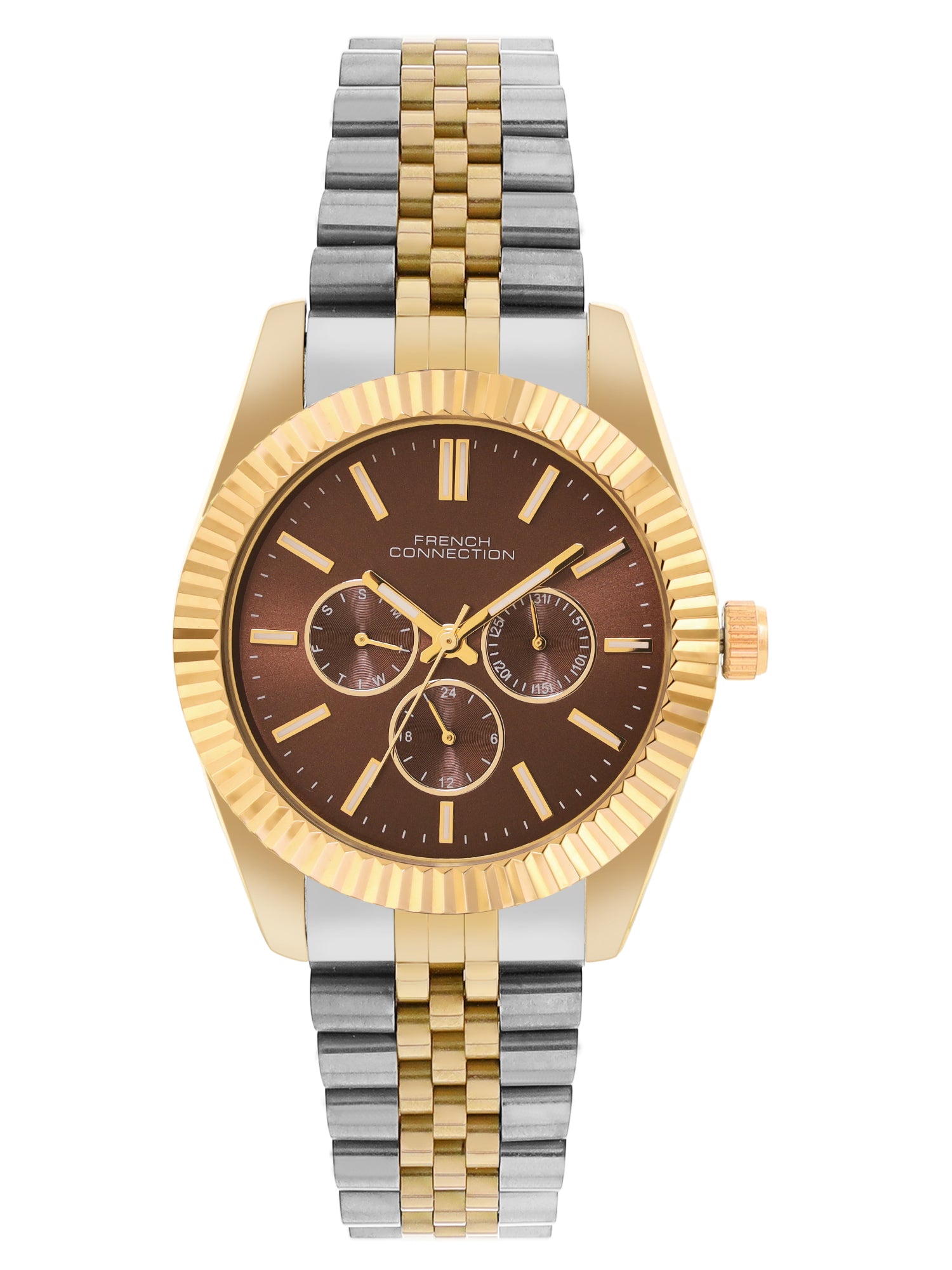 French Connection Sunray Brown Round Dial With Gold Two Tone Stainless Steel Strap Multifunction Watch - For Mens FCN0124TM