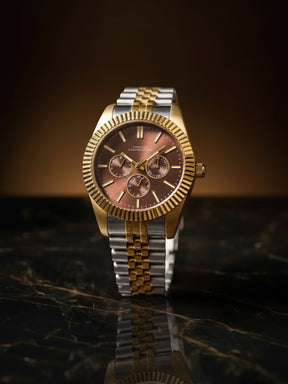 French Connection Sunray Brown Round Dial With Gold Two Tone Stainless Steel Strap Multifunction Watch - For Mens FCN0124TM