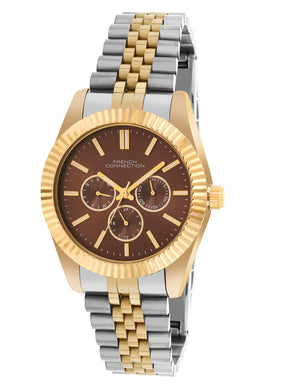 French Connection Sunray Brown Round Dial With Gold Two Tone Stainless Steel Strap Multifunction Watch - For Mens FCN0124TM