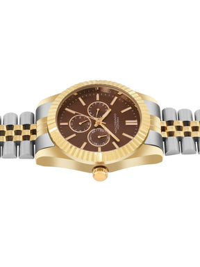 French Connection Sunray Brown Round Dial With Gold Two Tone Stainless Steel Strap Multifunction Watch - For Mens FCN0124TM