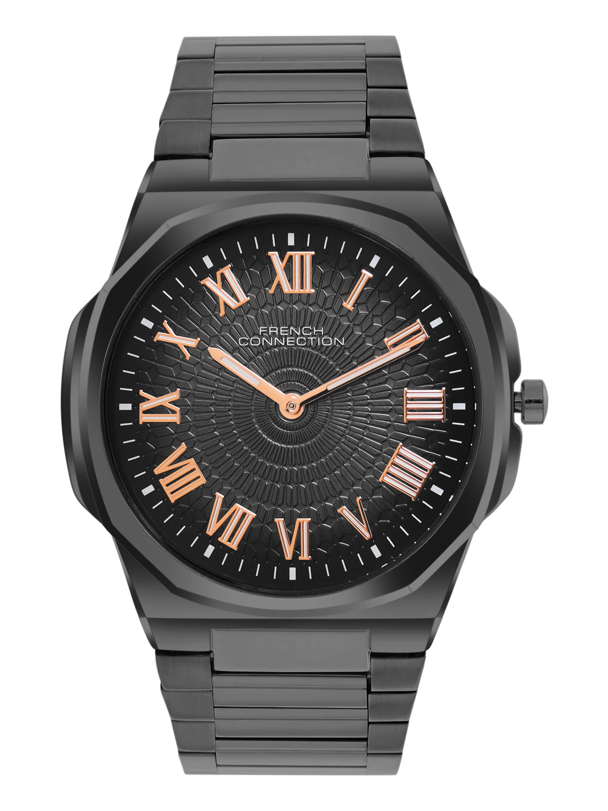 French Connection Textured Black Round Dial With Black Stainless Steel Strap Watch - For Mens FCN0125BM