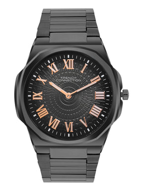 French Connection Textured Black Round Dial With Black Stainless Steel Strap Watch - For Mens FCN0125BM