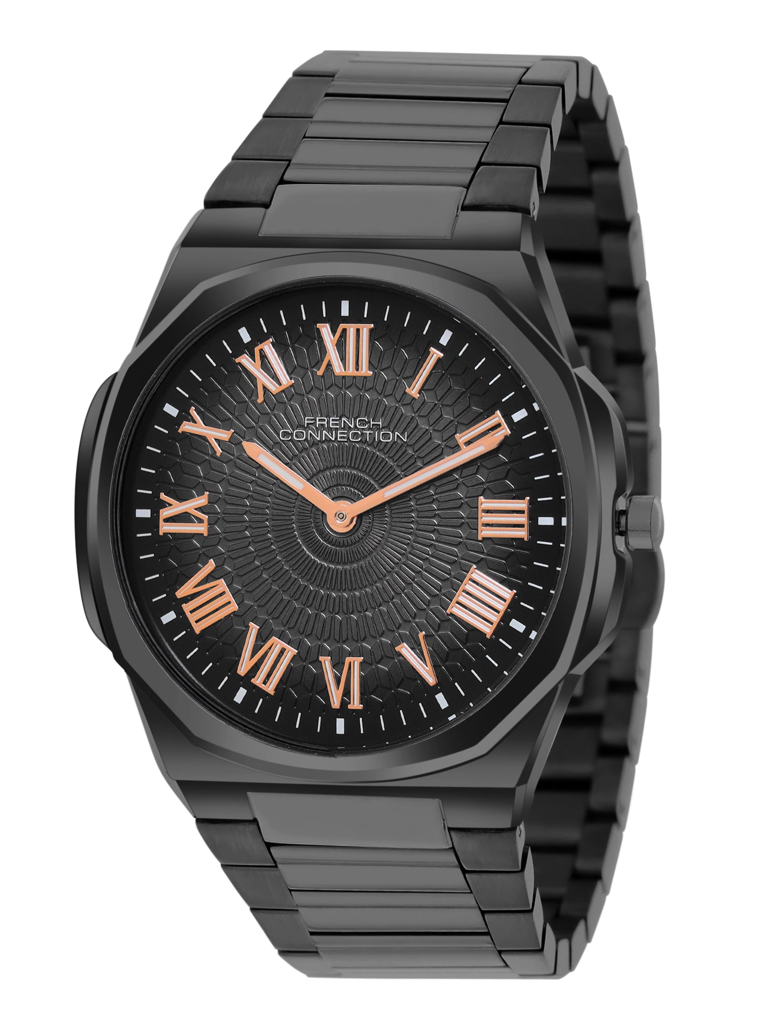 French Connection Textured Black Round Dial With Black Stainless Steel Strap Watch - For Mens FCN0125BM