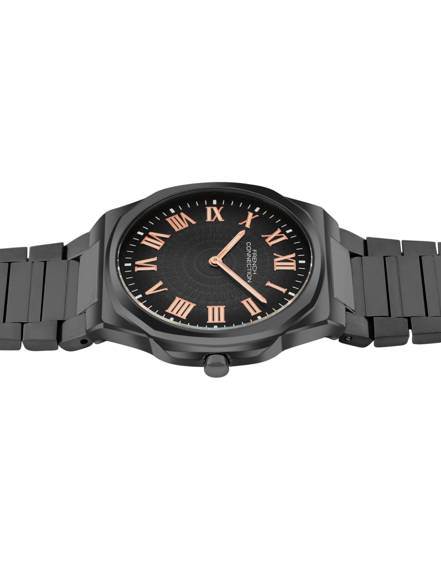 French Connection Textured Black Round Dial With Black Stainless Steel Strap Watch - For Mens FCN0125BM