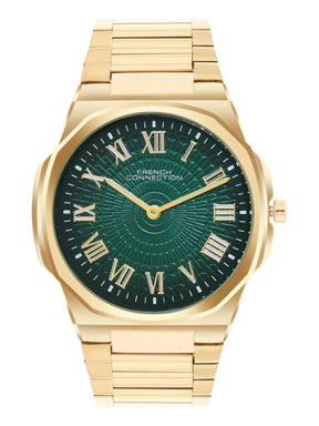 French Connection Textured Green Round Dial With  Gold Stainless Steel Strap Watch - For Mens FCN0125GM