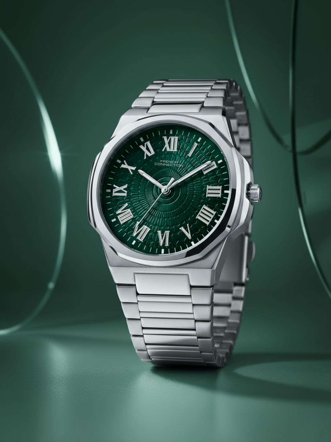 French Connection Textured Green Round Dial With Stainless Steel Strap Watch - For Mens FCN0125NSM