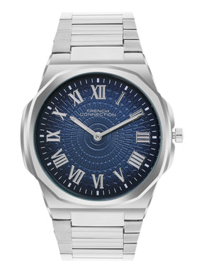 French Connection Textured Blue Round Dial With Stainless Steel Strap Watch - For Mens FCN0125USM