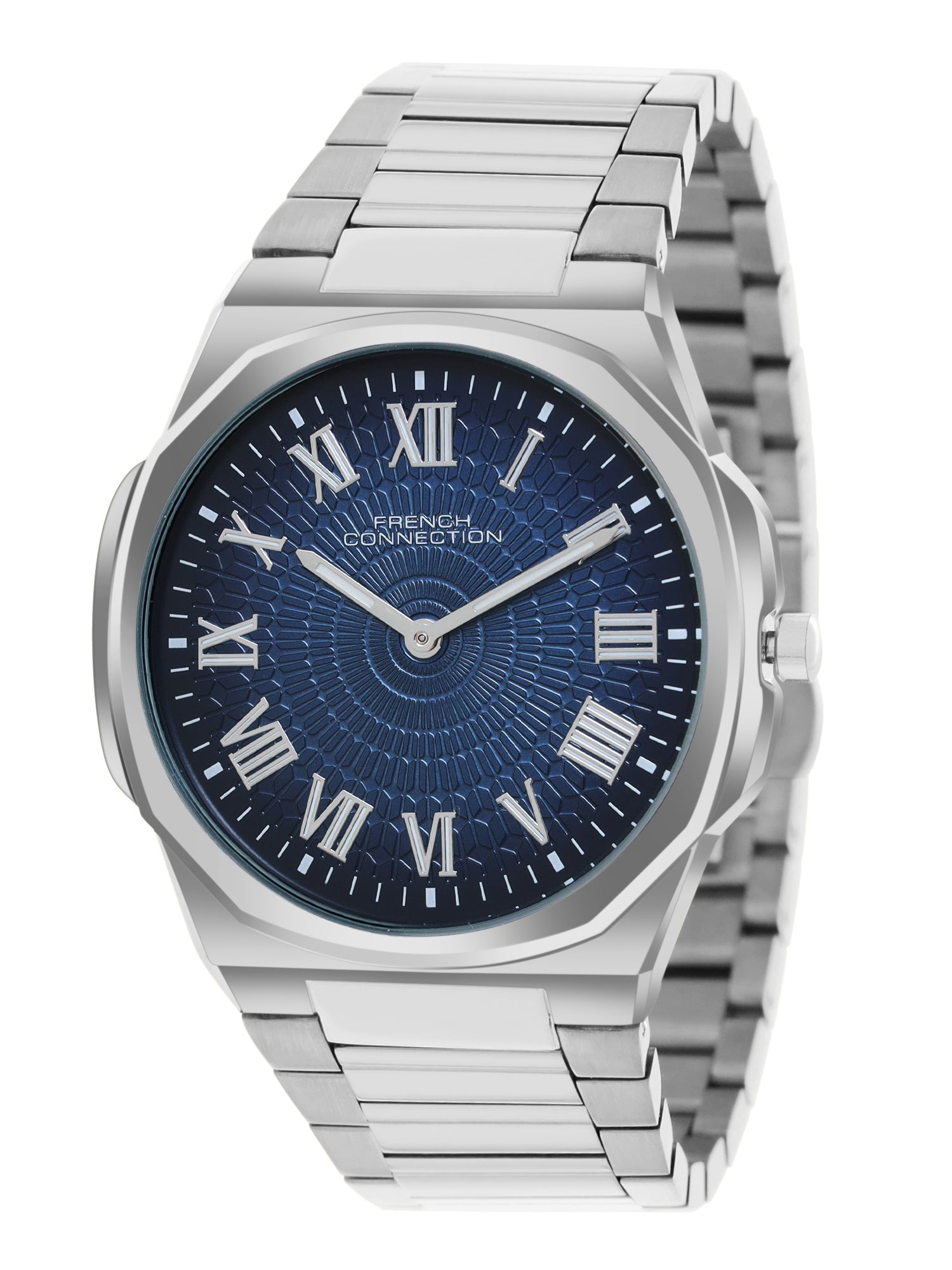 French Connection Textured Blue Round Dial With Stainless Steel Strap Watch - For Mens FCN0125USM